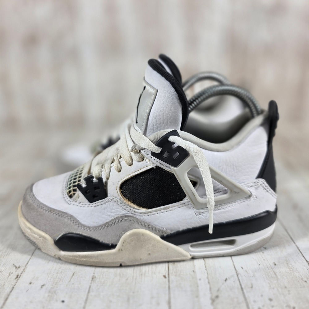 Jordan 4 Retro Military Black Kids Sneakers 408452-111 White Grey Black 3.5Y